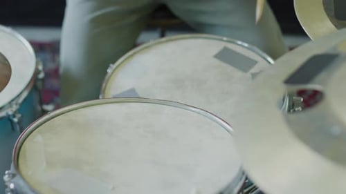 Drummer Playing Drum Kit Close Up