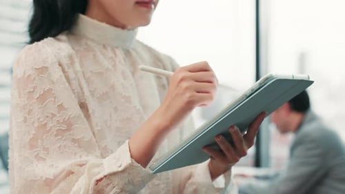 Hands, business woman and tablet for signature, documents or agenda with stylus in office