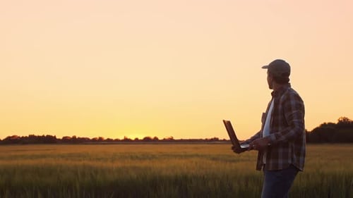 Farmer with a Laptop Computer in Front of a Sunset Agricultural Landscape Man in a Countryside Field