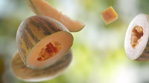 Flying Melon and Melons Slices in Green Garden Orchard Shiny Background