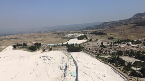 Aerial View Natural Travertine Pools and Terraces in Pamukkale Cotton Castle in Turkey UNESCO World