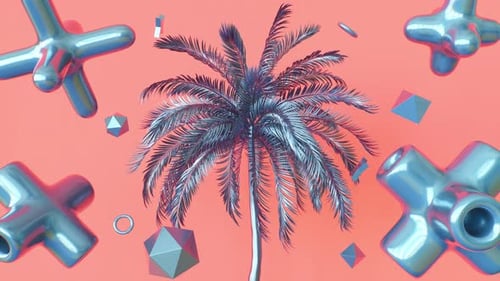 Abstract Palm Tree with Floating Metallic Geometric Shapes