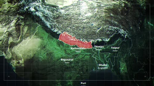 Glitch Effect Digital World Map with Highlighted Nepal Region