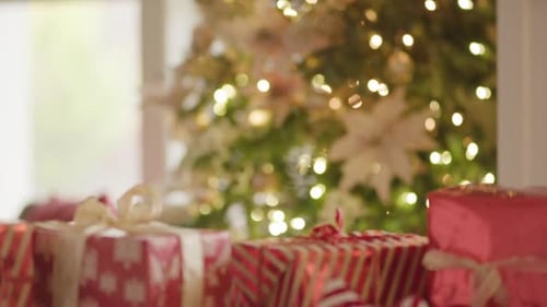 Christmas presents and Christmas tree with lights