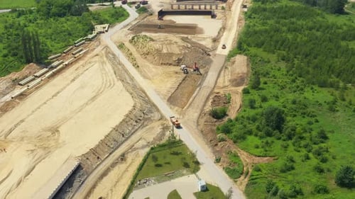 Aerial top view of the large logistics park with warehouse, loading hub with many semi-trailers truc