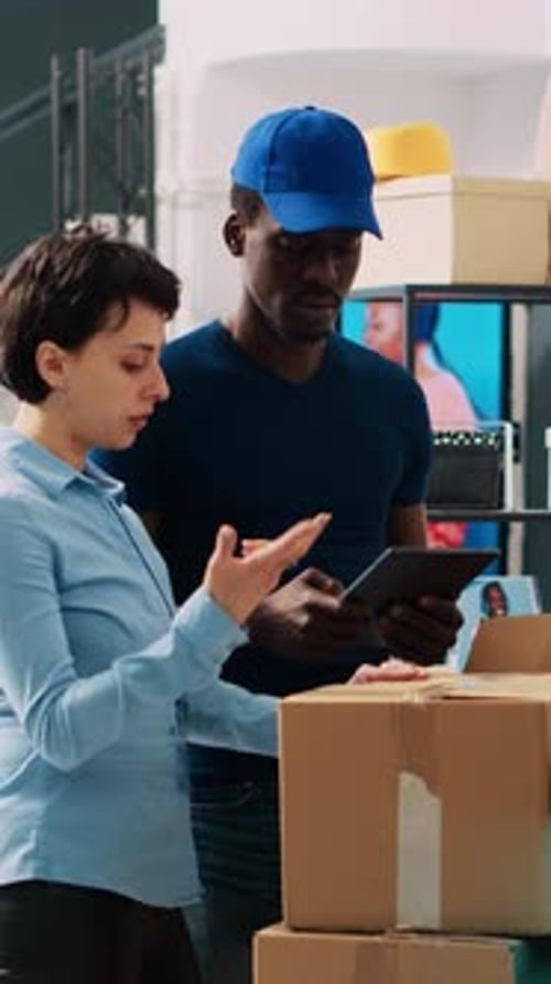 Stylish Worker Helping Deliveryman