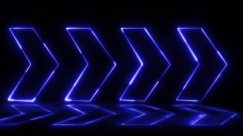 Blaue Neonpfeile blinken auf schwarzem Hintergrund. Glühender Neonpfeil, der sich auf schwarzem Hintergrund bewegt. Futuri