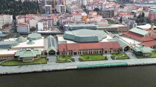 Centered drone shot of Halic Congress Center in Istanbul zoom-in