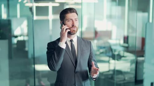 confident business bearded man talking on the phone in a modern office. Handsome man in suit convers