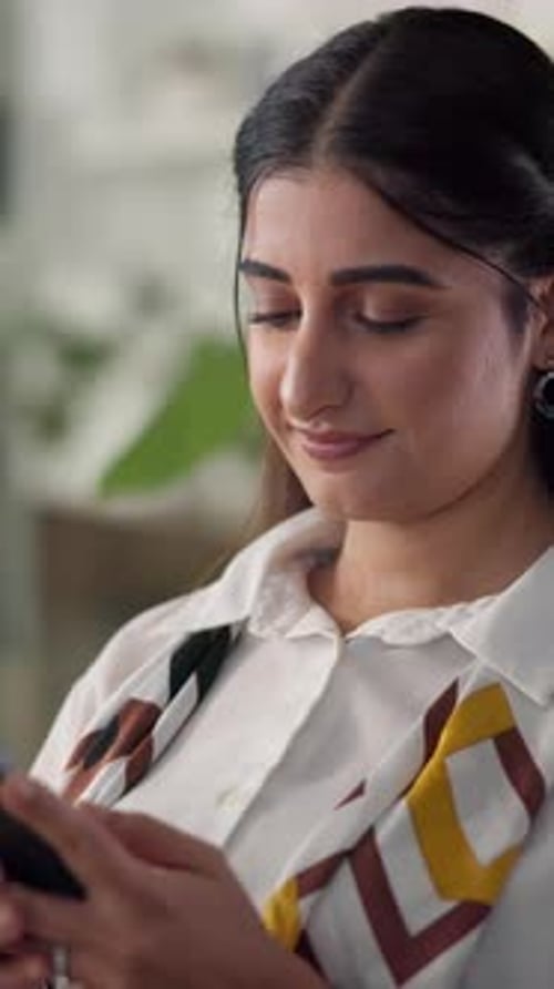 Office, smile and woman with smartphone for laughing, joke message and notification from contact