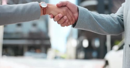Business people, meeting and shaking hands in city for agreement, b2b promotion or success of deal