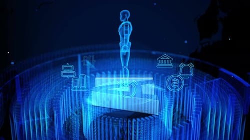 Futuristic AI Robot and Digital Interface with Corporate Icons