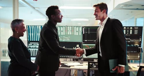 Business people, meeting or handshake with investor for stock market growth or partnership