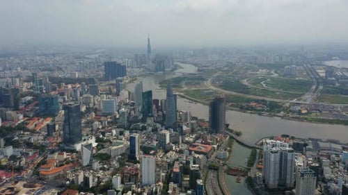 Aerial view of Ho Chi Minh, high view to downtown and Saigon river