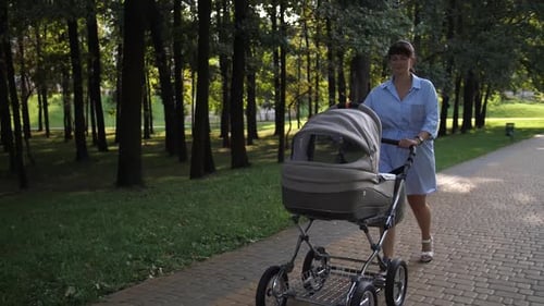 Young Woman in Summer Walking with Baby Stroller