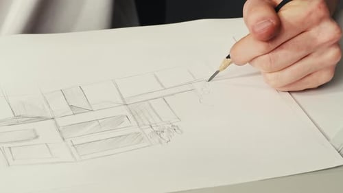 Architect Hand Sketching Architectural Design with Pencil