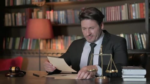 Excited Male Lawyer Reading Legal Documents in Office before Court