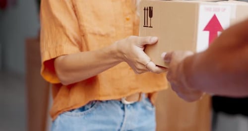 People, hands and box for ecommerce, delivery or parcel in online shopping