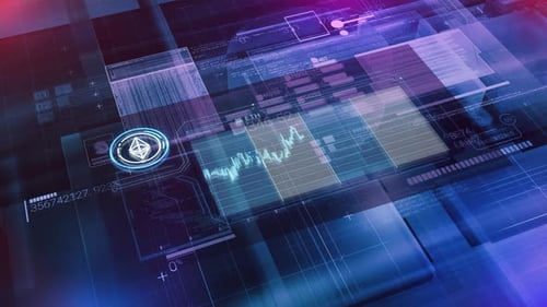 Futuristic HUD Interface with Animated Data and Cryptocurrency Symbol