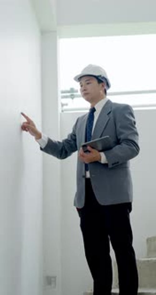 Asian male inspector points across unfinished room while holding tablet and walkie talkie, checking