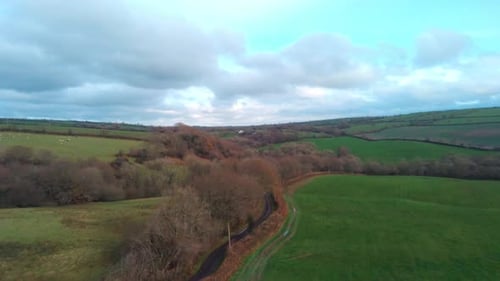 Aerial view over green field by a small road surrounded by trees