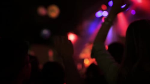 Blurred Crowd Dancing at a Concert with Stage Lighting