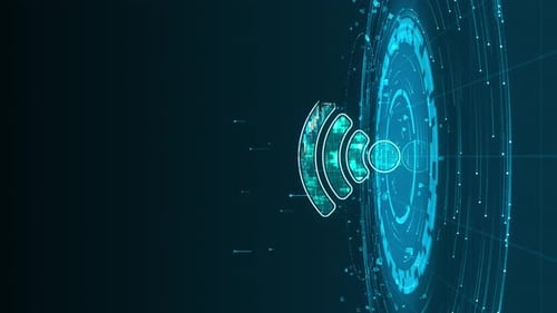 Blue WIFI logo with particle ring circle rotation with ai technology icons on futuristic abstract