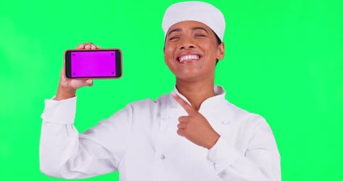 Chef, phone and woman pointing on green screen in restaurant promotion, online menu