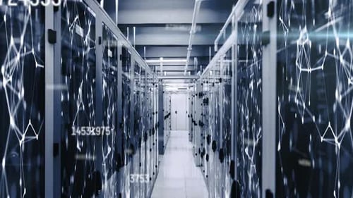 Animation of numbers changing with networks of connections over tech room with computer servers