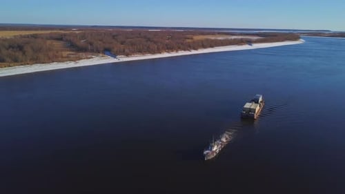 River Tow Pusher with Barge Clip Top View of Barge Floating with Cargo on River River Barge Pusher