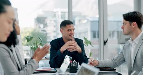 Workshop, meeting and leadership, man with business people at table for feedback