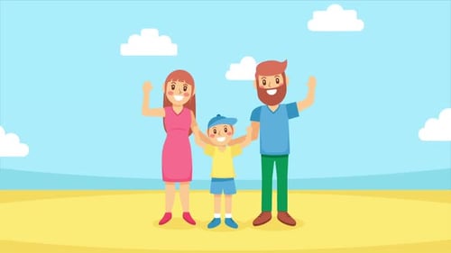 Animated Flat Design Family Standing Waving