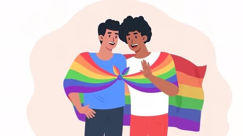 Flat Design Animated Pride Couple Embracing with Rainbow Flag