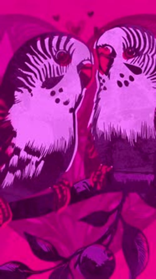 Animated Pink Love Birds on Branch with Hearts