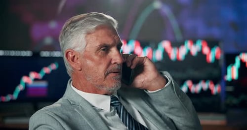 Stock market, businessman or talk in office on phone call, investment opportunity