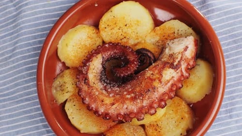 Octopus Cooking Chef Grill Fresh Octopus Galician Style on Restaurant Kitchen Healthy Food Seafood