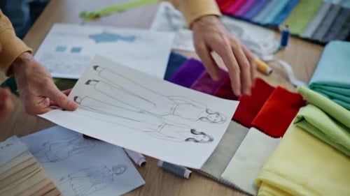 Schneiderinnen halten Skizzen mit Kleidungszeichnungen in Atelier-Nahaufnahme an den Händen