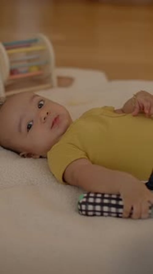 Baby Lying on Back Holding Toy Close Up