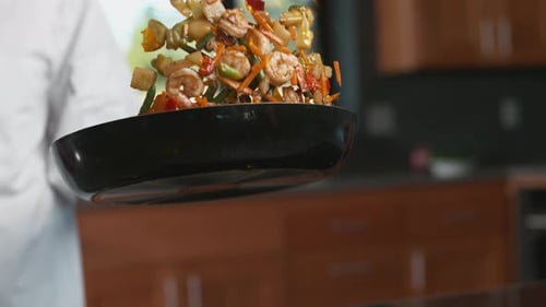 Flaming Stir-fry Slow Motion Close-up