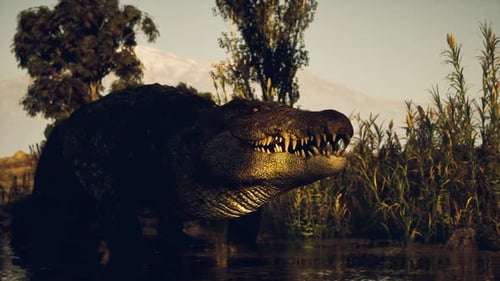 Crocodile émergeant de l'eau dans un habitat naturel avec de la verdure
