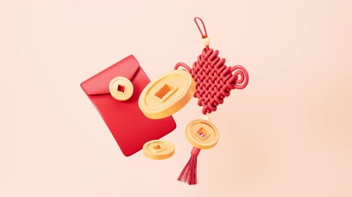 Chinese knot , floating Chinese coins, Red envelopes, Chinese new year, , 3d rendering.