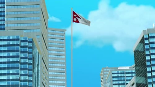 Nepal Flag 3D Render Animation with Urban Architecture and Clear Blue Sky