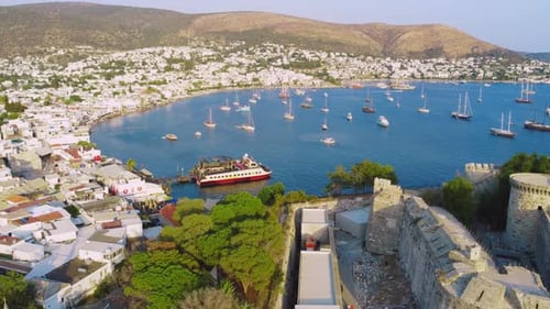 Aerial view of large tourist city of Bodrum in Turkey from drone,