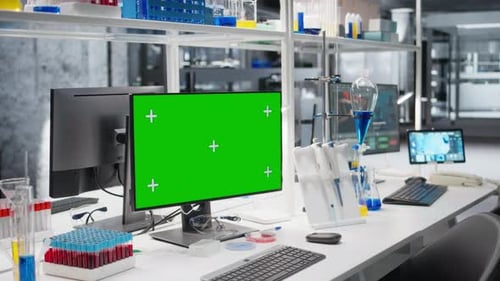 Green Screen PC in Lab Next to Tablet with Interface Showing Genetic Markers