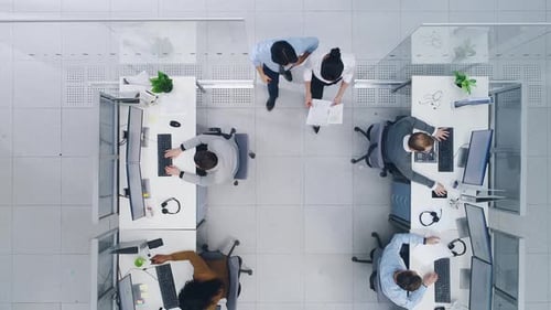 Aerial Top Down Drone Shot of Big Busy Corporate Office with Tow Rows off Businessmen and Businessw