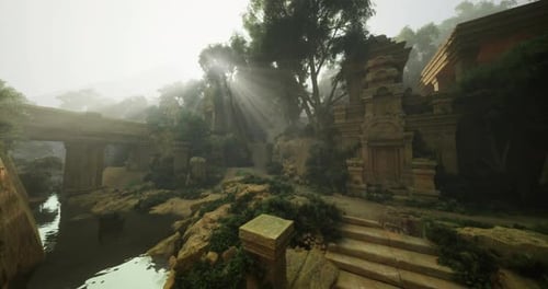 Jungle Ruins Adventure : une forêt ensoleillée avec des temples moussus et une rivière tranquille