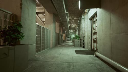 Derelict Industrial Hallway Illuminated By Eerie Greenish Glow