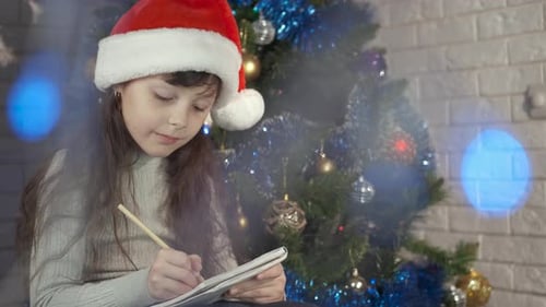 Girl Writing Christmas List by Decorated Christmas Tree