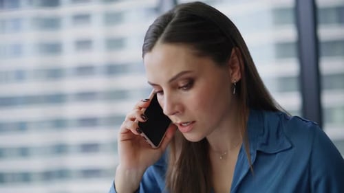 Calling Lady Discussing Problem Dissatisfied Work Results in Office Closeup