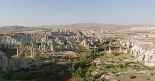 Aerial view of Cappadocia's fairy chimneys tall, cone-shaped rocks ,Turkey